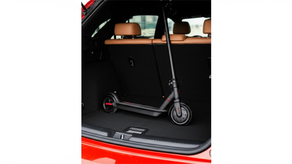 Folded Hover 1 Alpha electric scooter stored in apartment closet or car trunk, space-saving demonstration, practical storage solutions, everyday lifestyle context, natural indoor lighting, organizational photography style, real-world usage scenarios
