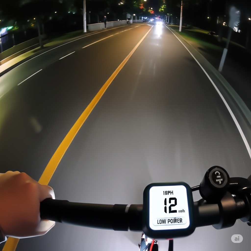 "First-person POV riding AovoPro at night: Handlebar display showing 19mph, wet city streets reflecting LED lights. Style: Dashcam footage aesthetic with HUD elements --ar 9:16"

