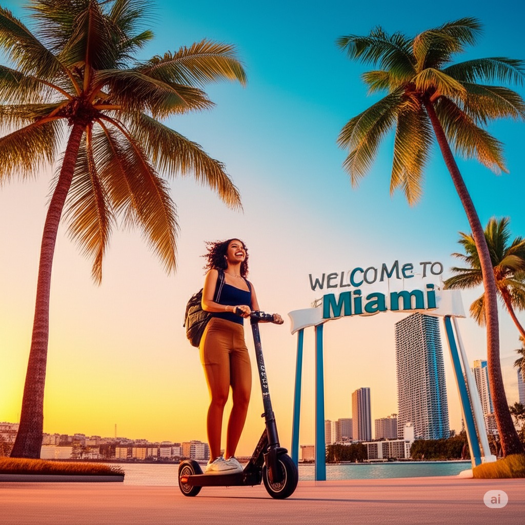 "A happy traveler riding a rental e-scooter past a 'Welcome to Miami' sign. Bright sunset, palm trees, cityscape. Vibrant colors, tourism ad style."