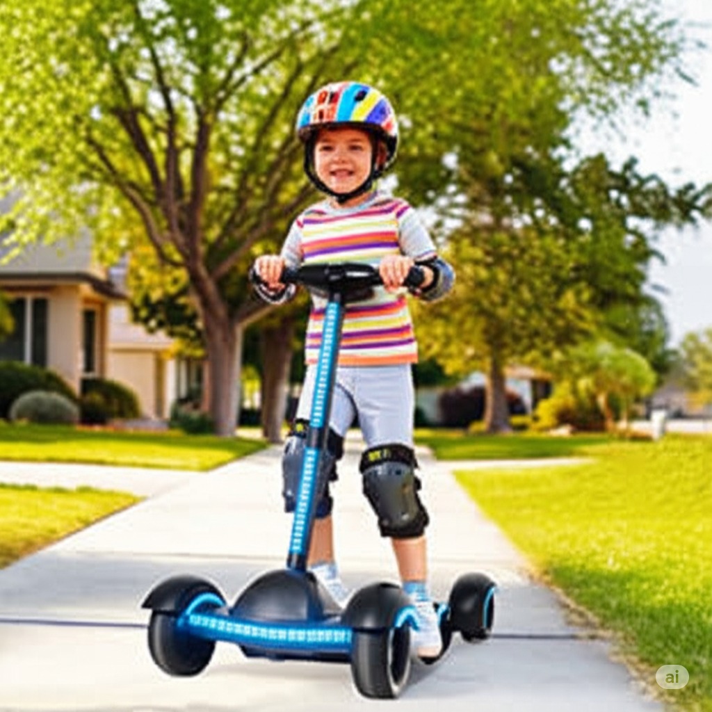 Child safely riding best 3-wheel electric scooter for kids in 2025 with helmet and protective gear