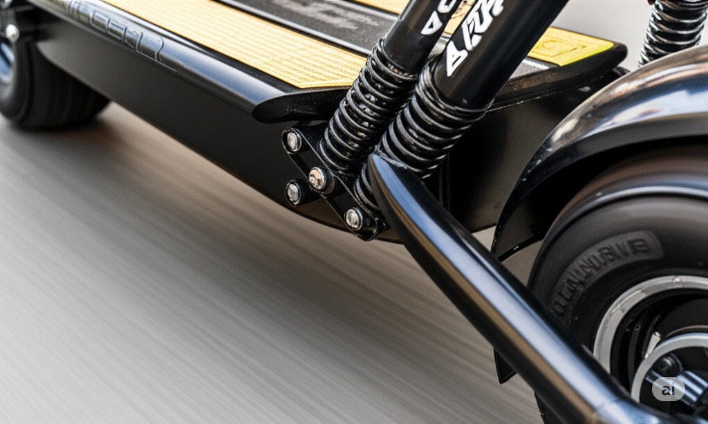 Close-up shot of reinforced electric scooter frame and suspension designed for heavy riders, showing thick aluminum construction, dual rear springs, wide foot deck with grip tape, tire tread visible, high-res macro photography

