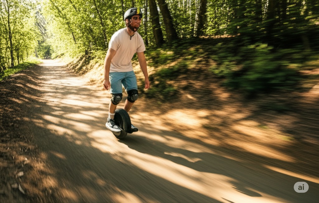 Onewheel rider enjoying recreational trail riding, scenic outdoor environment, adventure lifestyle photography, natural lighting, recreational focus, enjoyable experience"
