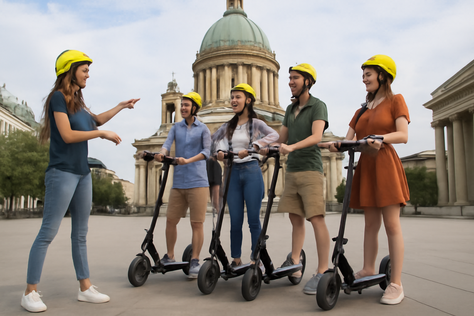 Electric scooter tour group listening to guide during guided city sightseeing ride for urban tourismElectric scooter tour group listening to guide during guided city sightseeing ride for urban tourismGroup on scooters listening to guide.