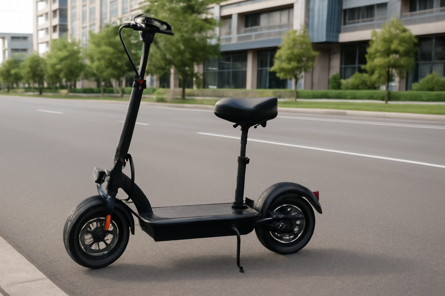 Black electric scooter with comfortable seat.