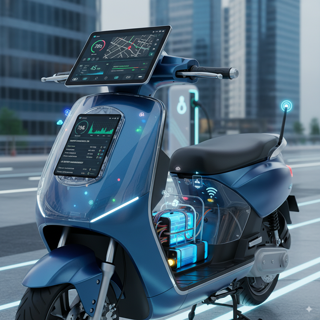 Electric scooter with IoT battery management system showing remote diagnostics interface and smartphone app connectivity