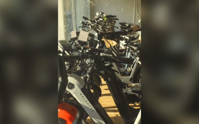 Electric bikes displayed in a bicycle store