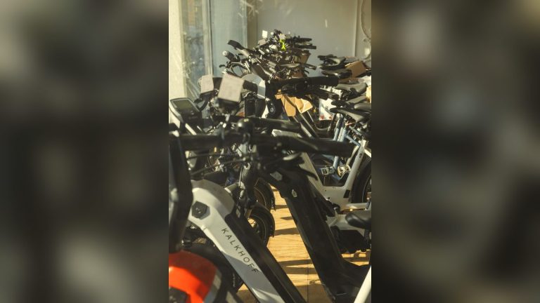 Electric bikes displayed in a bicycle store