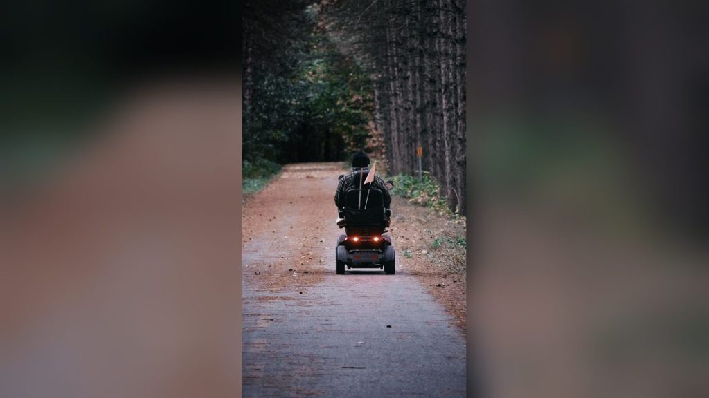 Person riding a mobility scooter on a forest path