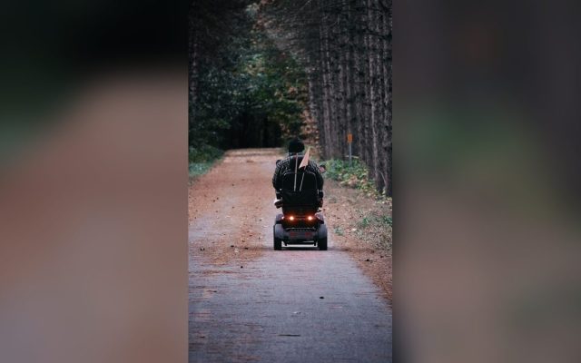 Person riding a mobility scooter on a forest path