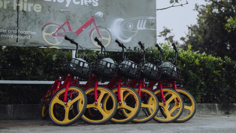 Red and yellow electric bikes for hire