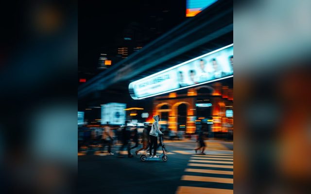 Rider crossing a busy intersection at night on an e-scooter