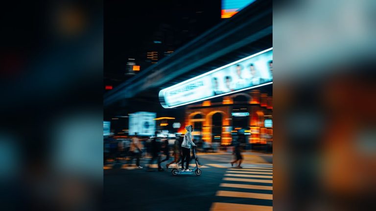 Rider crossing a busy intersection at night on an e-scooter