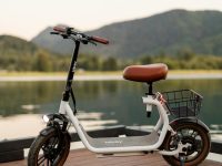 Seated electric scooter with a basket beside a lake