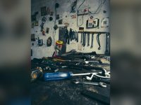 Workshop with hand tools on a workbench