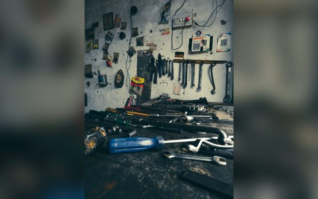 Workshop with hand tools on a workbench