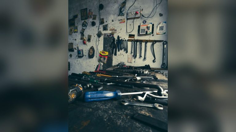 Workshop with hand tools on a workbench