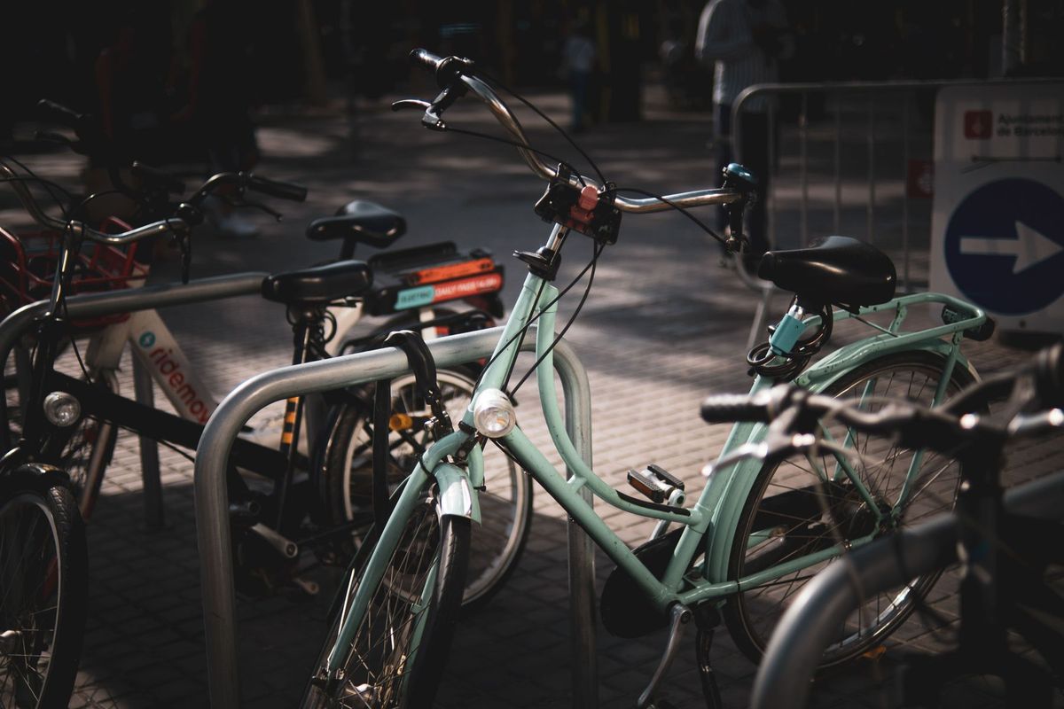 Bicycles parked in a sunlit urban area