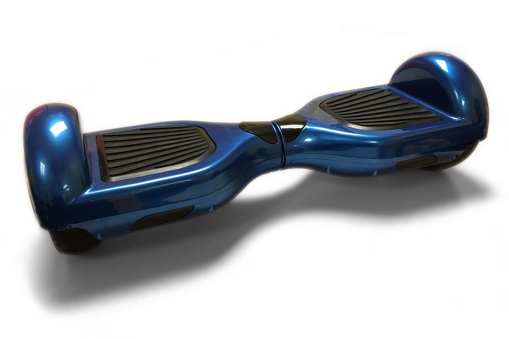 Blue two-wheel hoverboard seen from the side