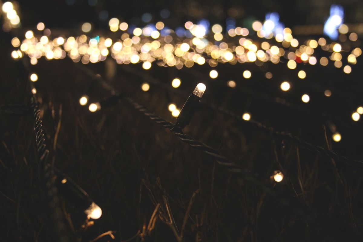 Close-up of glowing string lights with beautiful bokeh effect at night