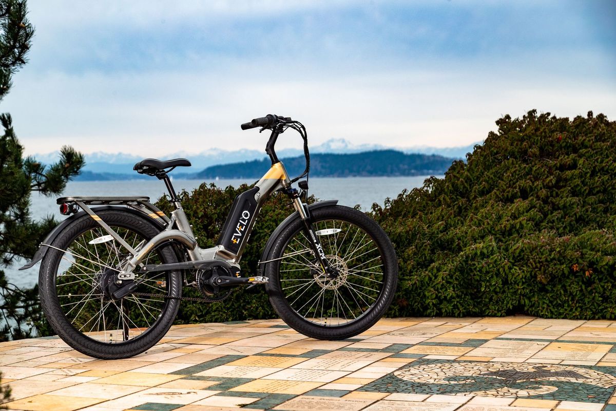 Electric bike from Evelo parked with scenic Seattle waterfront view in the background