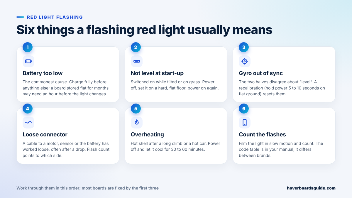 Six numbered causes of a flashing red hoverboard light: battery too low, not level at start-up, gyro out of sync, loose connector, overheating, and a tip to count the flashes