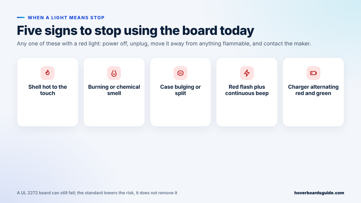 Five signs to stop using a hoverboard: hot shell, burning smell, bulging case, red flash with continuous beep, charger alternating red and green